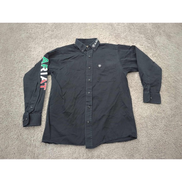 Ariat Button Up Shirt Mens Small Black Long‎ Sleeve Chest Pocket Logo Casual - Picture 1 of 10